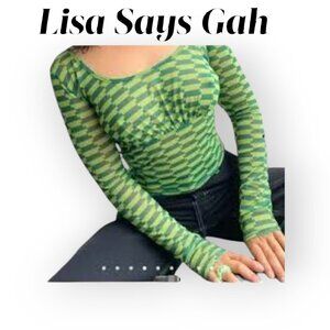 Lisa Says Gah Vintage Rug Bocce Court semi sheer green top size S NWT